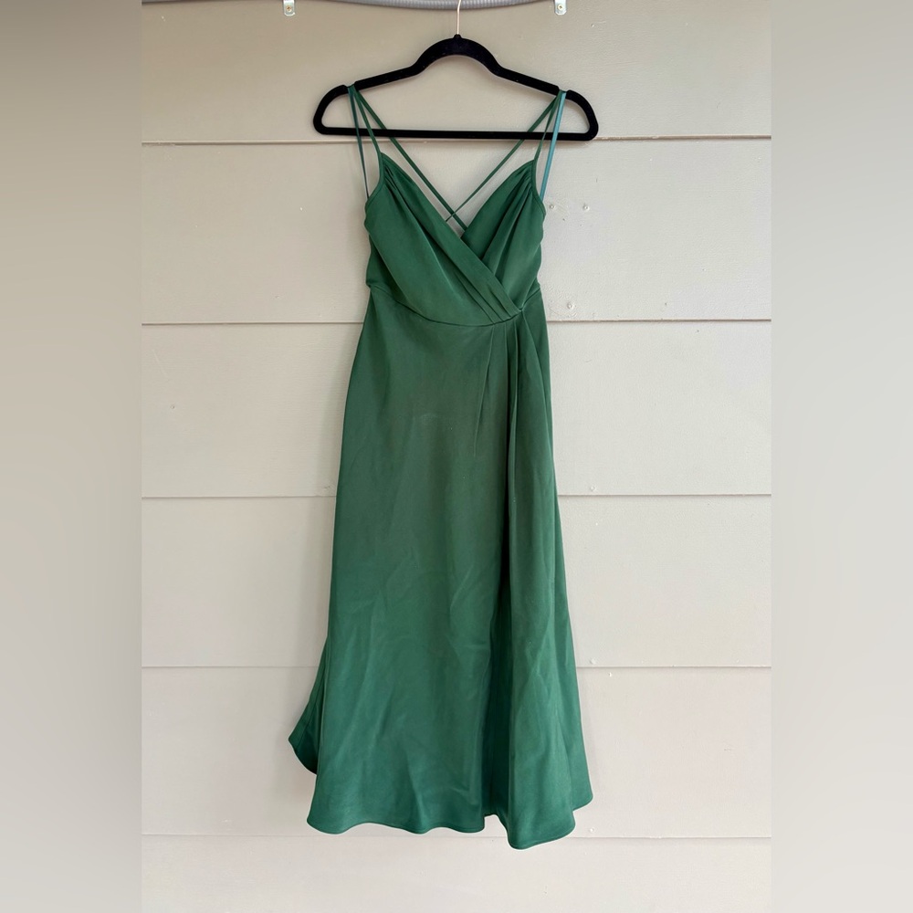 J. Crew 100% Silk Green Faux Wrap Cross Strap Midi Dress
